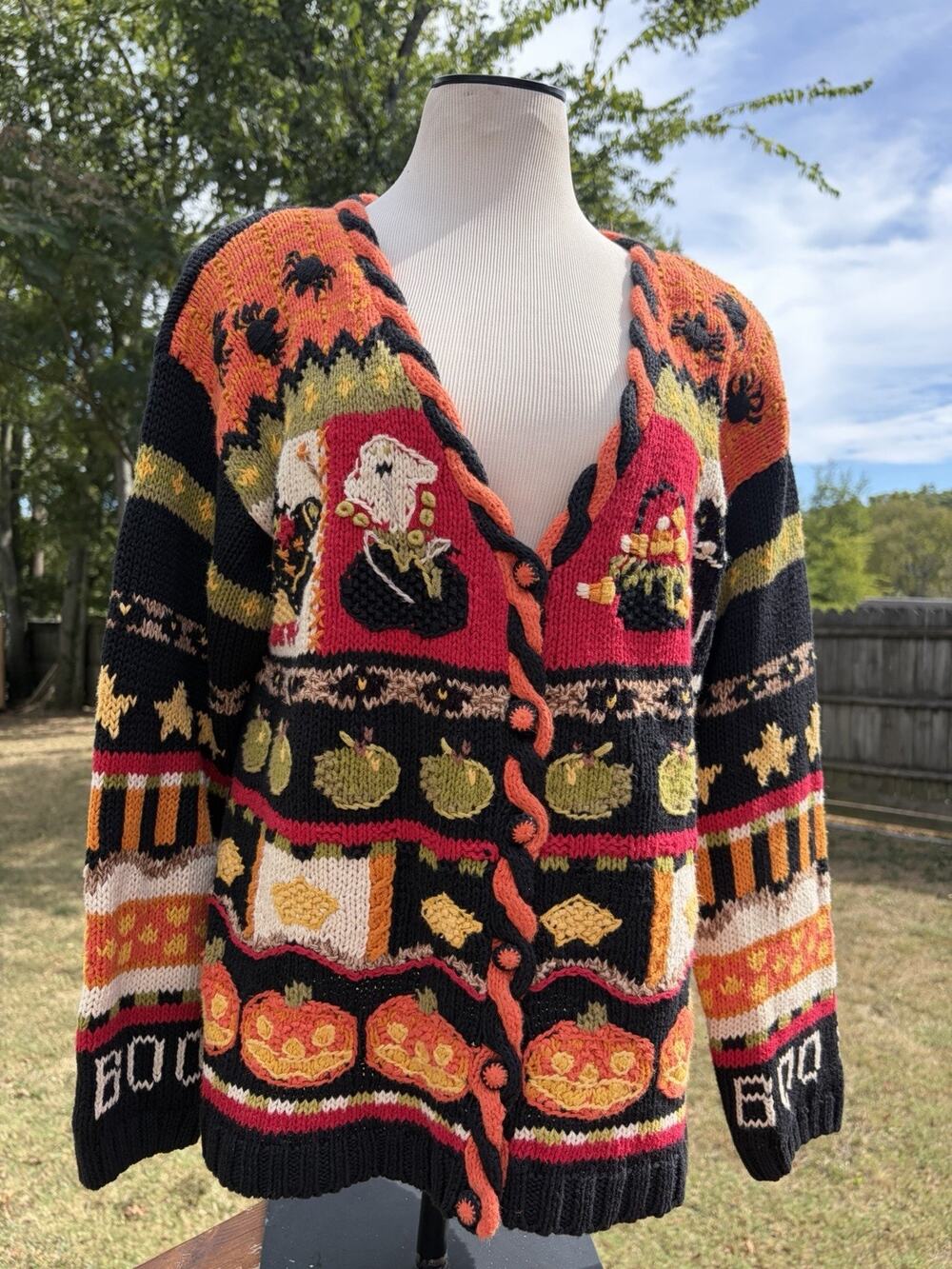 Vintage Tiara International Halloween Cardigan Pumpkin Ghosts Oversized Small